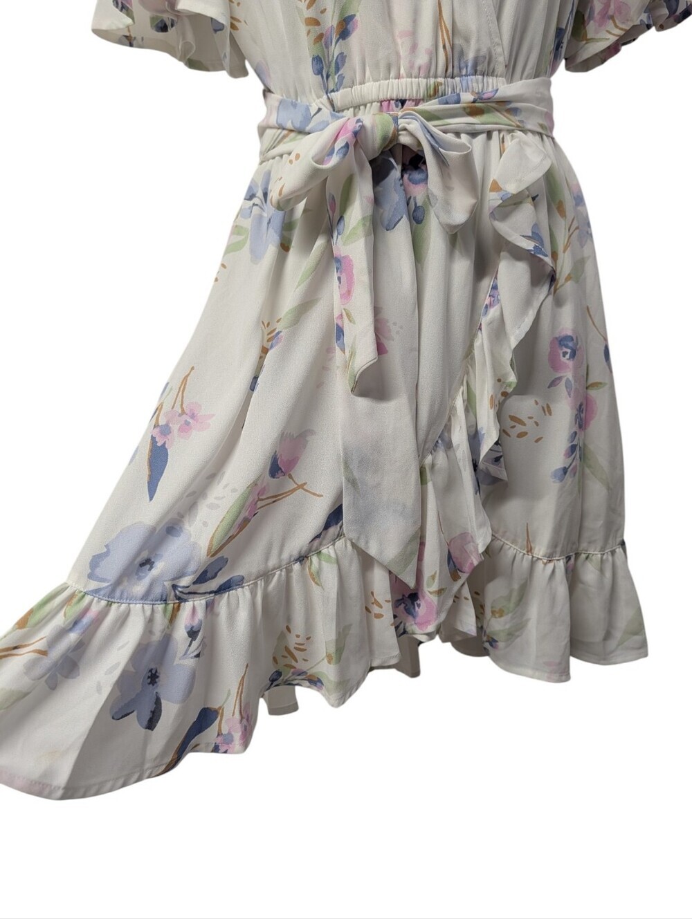 Lauren Conrad Floral Wrap Dress Size S Ruffle Hem Flutter Sleeve Tie Waist Mini - Picture 6 of 8